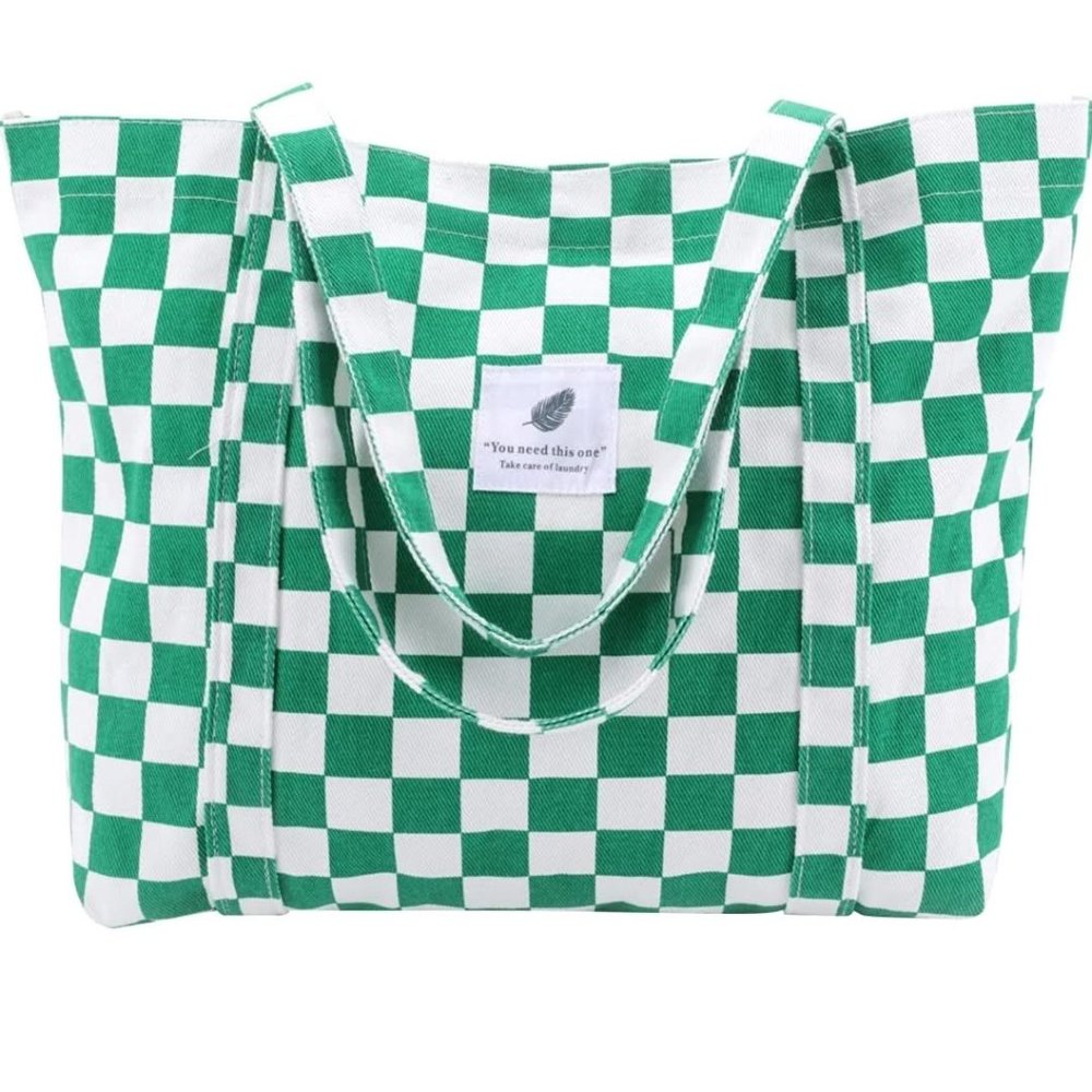 COPY - Corduroy Tote Bag Green White Plaid Checkers